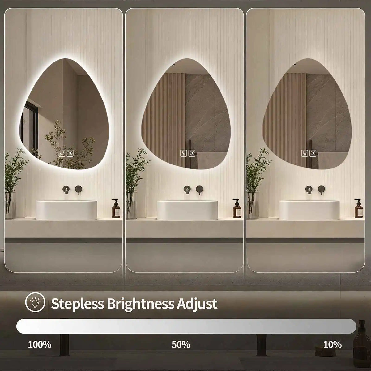 Miroir de salle de bain en forme de goutte sans cadre - Anti-buée, commande tactile et éclairage réglable à trois couleurs, idéal pour salle de bain, chambre et salons de beauté