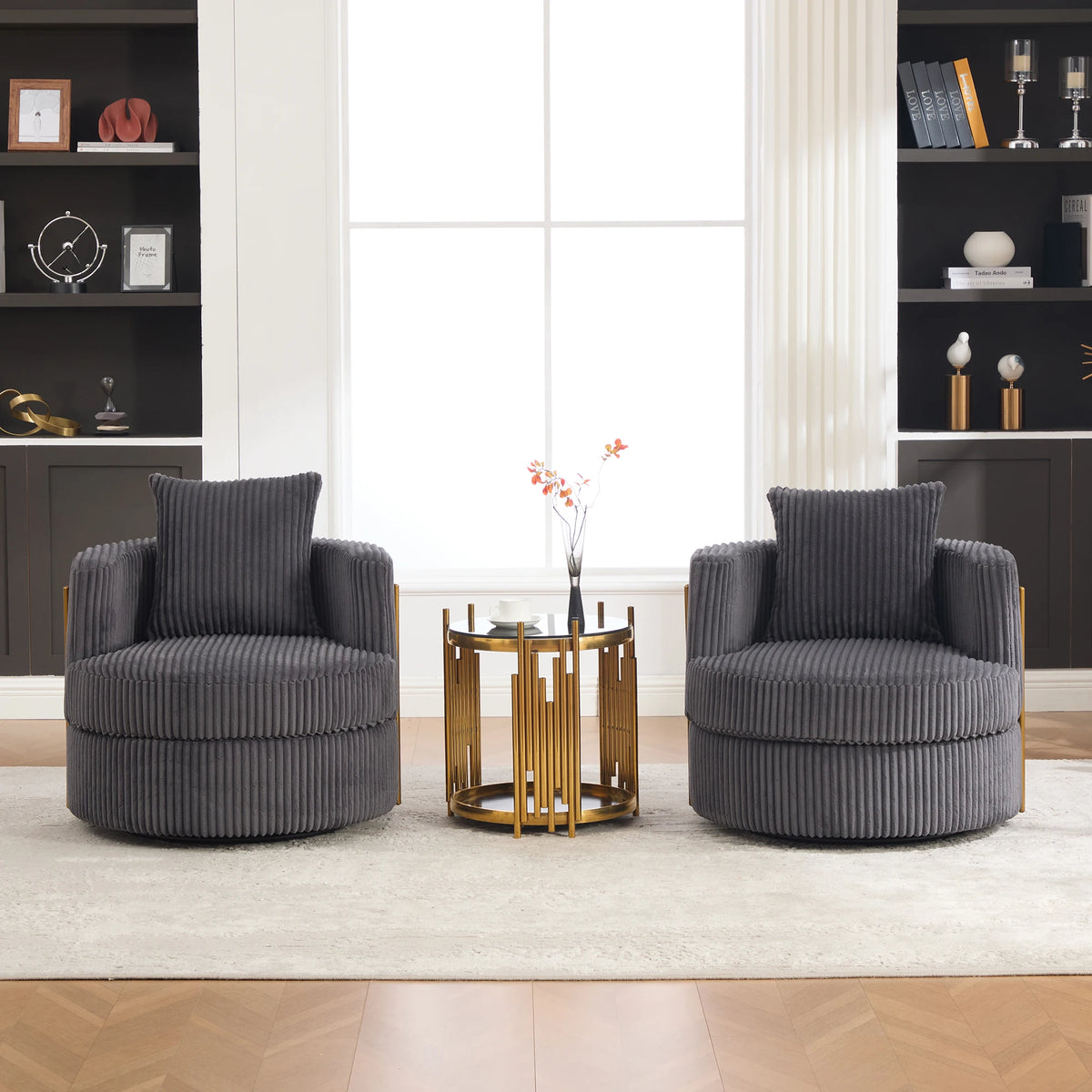 Lot de 2 fauteuils pivotants à 360° en velours côtelé beige avec mousse haute densité, rangement caché et accoudoirs rembourrés, polyvalents pour chambre, salon et chambre d'enfant