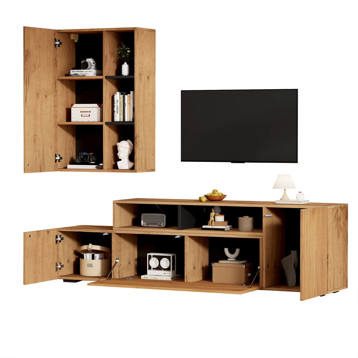 Ensemble meuble TV mural pour salon avec vitrine d'exposition (ensemble complet, 2 unités), mur média incluant meuble TV et étagère sur pied, ensemble de meubles de salon pour TV, meuble TV à longueur modulable jusqu'à 265 cm, à poser ou suspendre, pour T