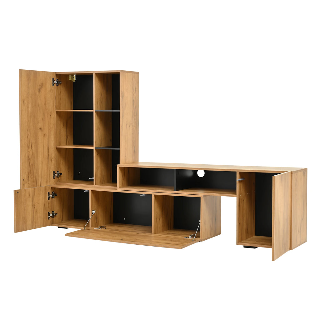 Ensemble meuble TV mural pour salon avec vitrine d'exposition (ensemble complet, 2 unités), mur média incluant meuble TV et étagère sur pied, ensemble de meubles de salon pour TV, meuble TV à longueur modulable jusqu'à 265 cm, à poser ou suspendre, pour T