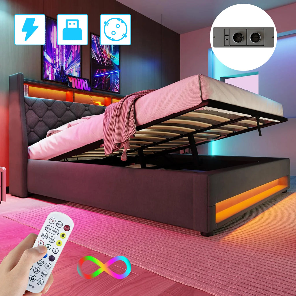 Lit coffre 140x190 cm, lit double avec bandeau LED et ports USB, fonction de rangement, sommier à lattes, revêtement en tissu effet lin gris foncé (sans matelas)