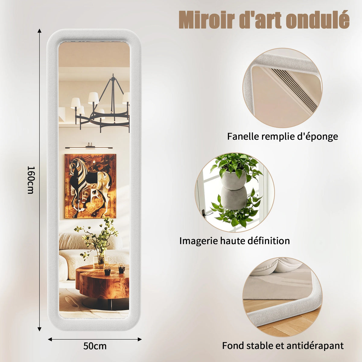 Miroir plein pied 160x50 cm, grand miroir sur pied et miroir mural avec cadre rembourré, élégant miroir d'essayage pour chambre, couloir, dressing, miroir rectangulaire décoratif avec réflexion haute définition nette, miroir de maquillage moderne pour déc