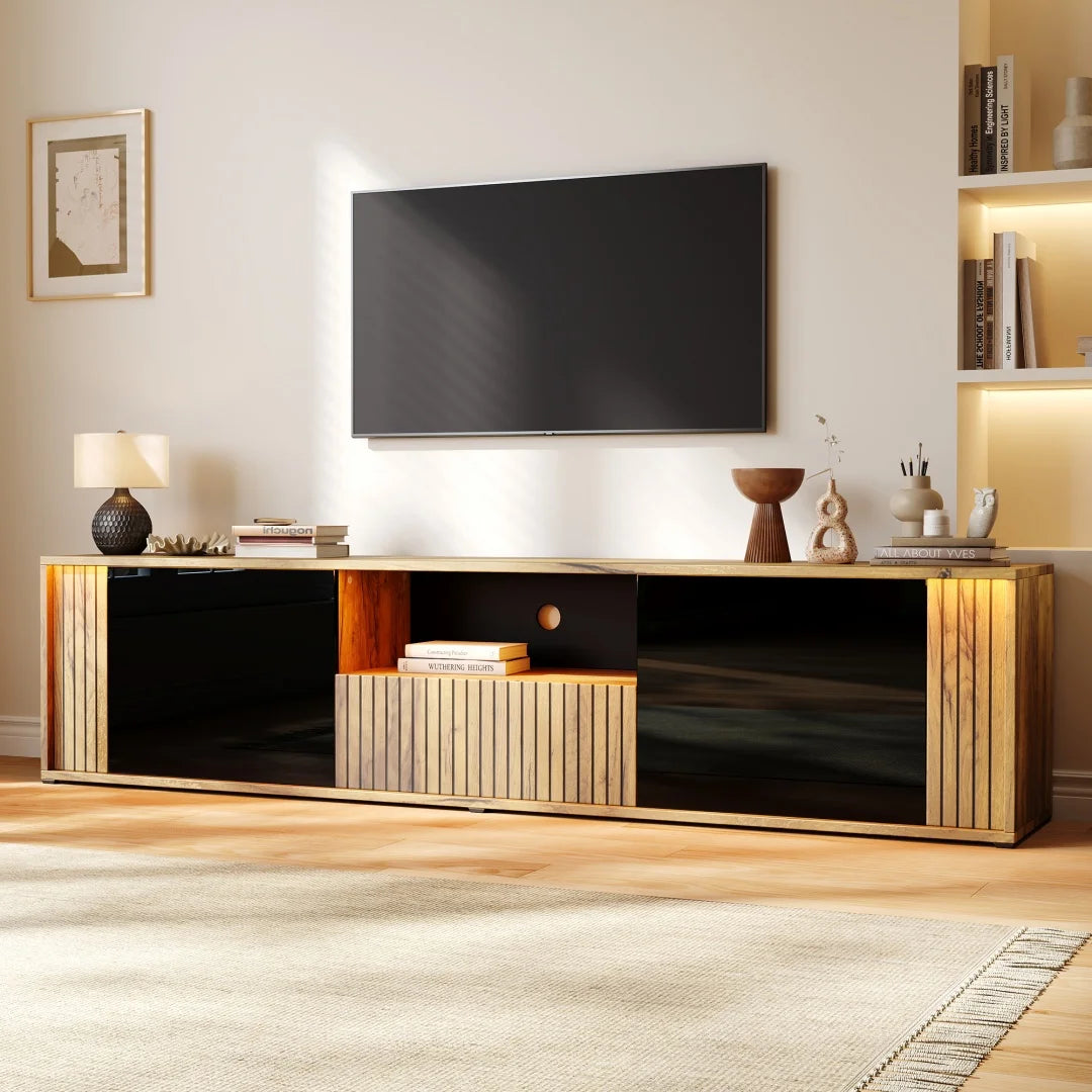 Portes de meuble, 1 tiroir, meuble TV avec éclairage LED, meuble TV haut/bas, table TV, adapté pour TV 75 pouces, salon/chambre, couleur noir et bois, 180×40×51 cm