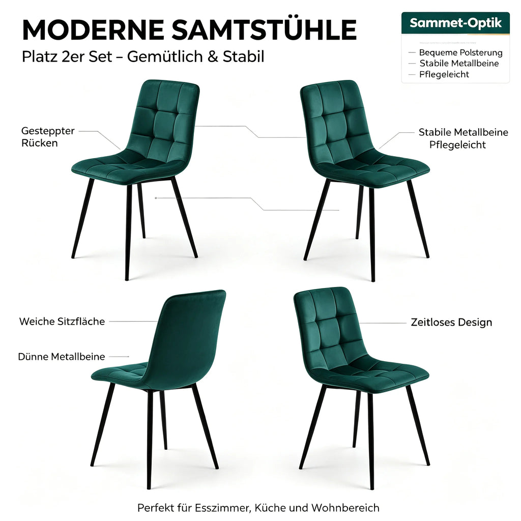 Set of 4 dining chairs with velvet upholstery and metal legs, with backrest and decorative stitching, modern chair set, ergonomic design, for dining area, bedroom or reception room, green