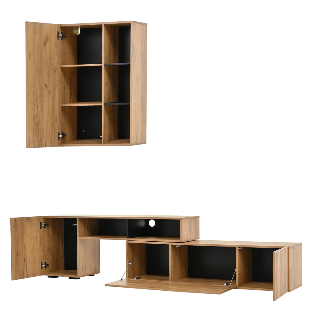 Ensemble meuble TV mural pour salon avec vitrine d'exposition (ensemble complet, 2 unités), mur média incluant meuble TV et étagère sur pied, ensemble de meubles de salon pour TV, meuble TV à longueur modulable jusqu'à 265 cm, à poser ou suspendre, pour T