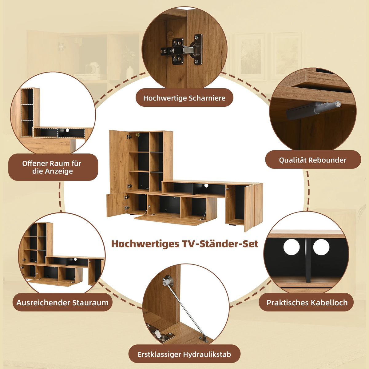 Ensemble meuble TV mural pour salon avec vitrine d'exposition (ensemble complet, 2 unités), mur média incluant meuble TV et étagère sur pied, ensemble de meubles de salon pour TV, meuble TV à longueur modulable jusqu'à 265 cm, à poser ou suspendre, pour T