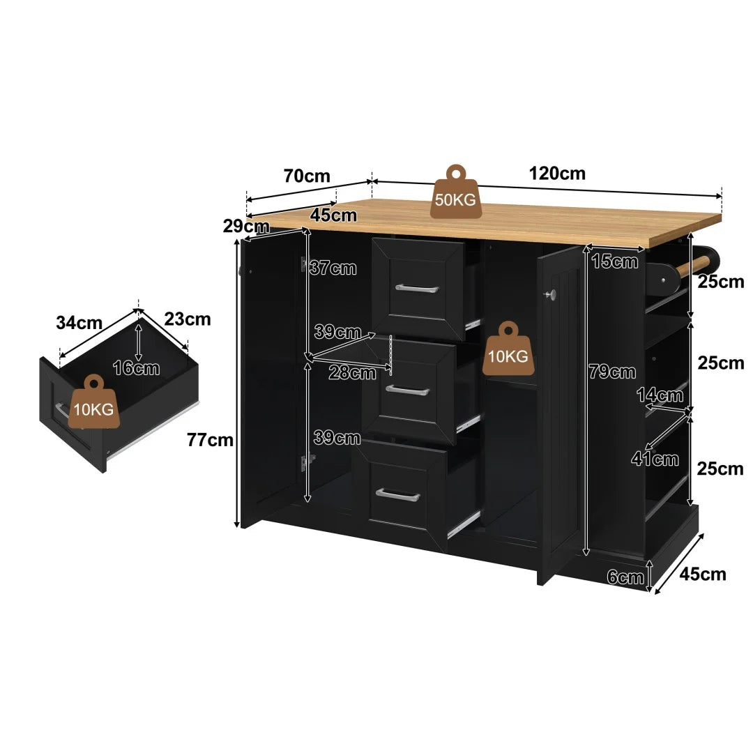 Îlot de cuisine mobile avec plan de travail rabattable - Desserte de cuisine sur roulettes avec étagères à 3 niveaux, 3 tiroirs et roulettes verrouillables - 120 x 45 (70) x 90 cm