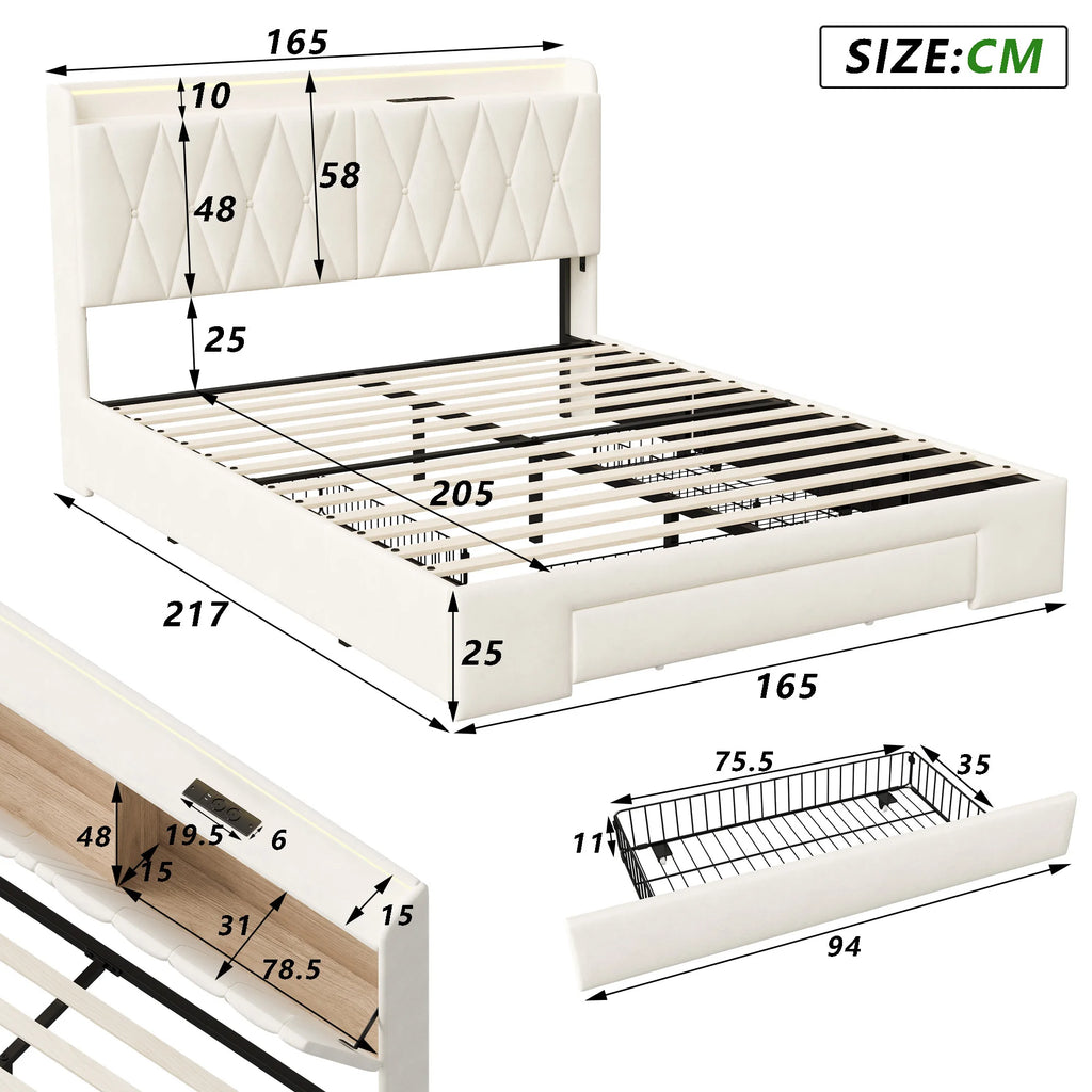 Lit 160x200 cm, lit double avec 3 tiroirs et rangement sous la tête de lit, lit coffre en velours beige avec sommier à lattes, lit pour adolescent, lit fonctionnel, cadre de lit pour chambre et chambre d'amis, lit confort pour adultes et adolescents