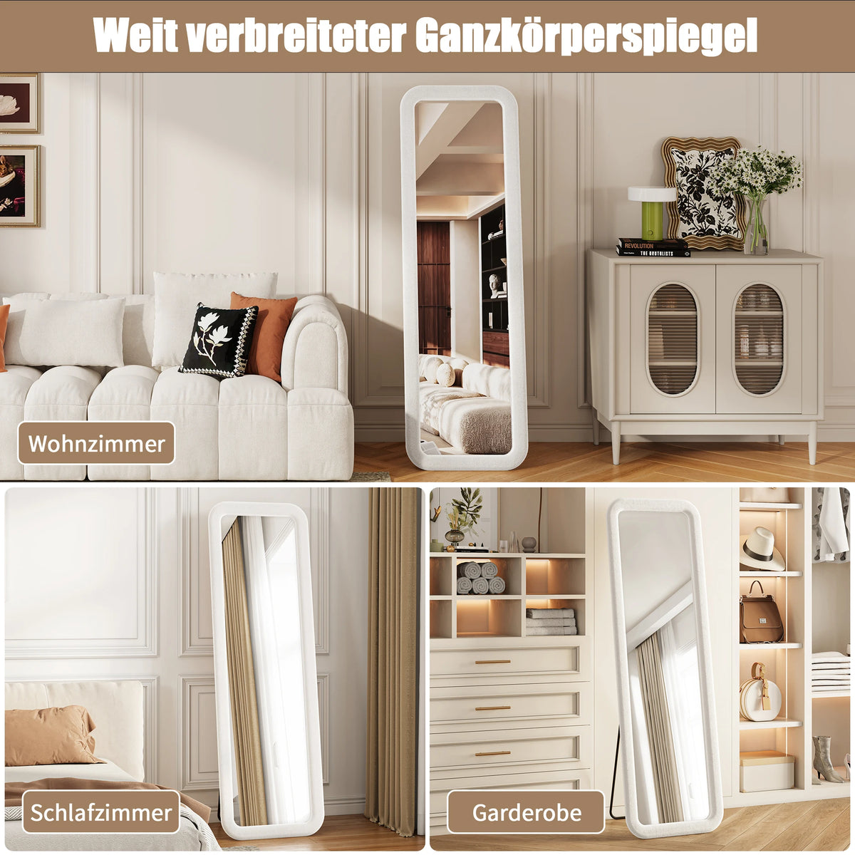 Miroir plein pied 160x50 cm, grand miroir sur pied et miroir mural avec cadre rembourré, élégant miroir d'essayage pour chambre, couloir, dressing, miroir rectangulaire décoratif avec réflexion haute définition nette, miroir de maquillage moderne pour déc