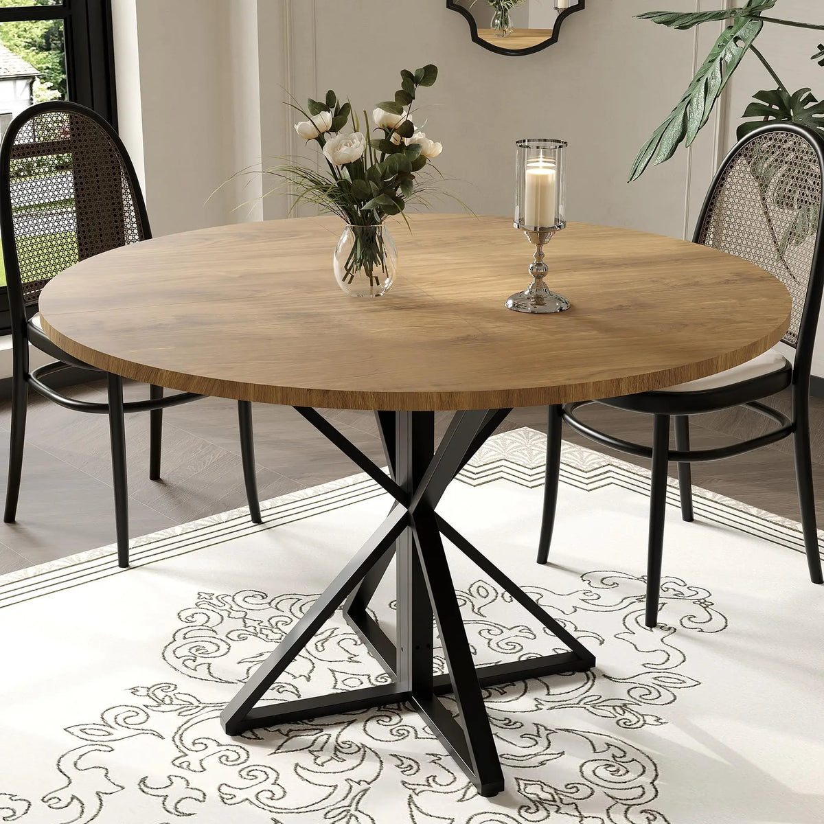 Table à manger ronde 120 cm pour 4 à 6 personnes, table de cuisine style champêtre / rustic avec piètement central, en bois