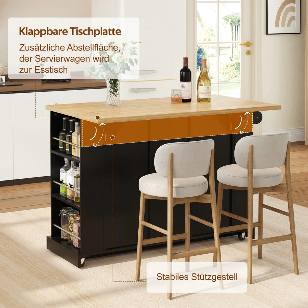 Îlot de cuisine mobile avec plan de travail rabattable - Desserte de cuisine sur roulettes avec étagères à 3 niveaux, 3 tiroirs et roulettes verrouillables - 120 x 45 (70) x 90 cm