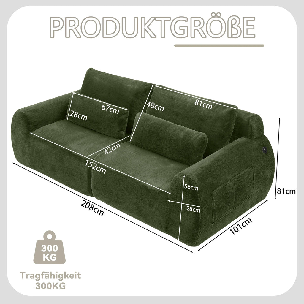 Canapé 2 places en tissu effet fourrure de lapin, vert, avec dossier haut, assise rembourrée à ressorts et poche latérale pour magazines. Son design compact est idéal pour un petit salon, un appartement, un bureau ou une chambre.