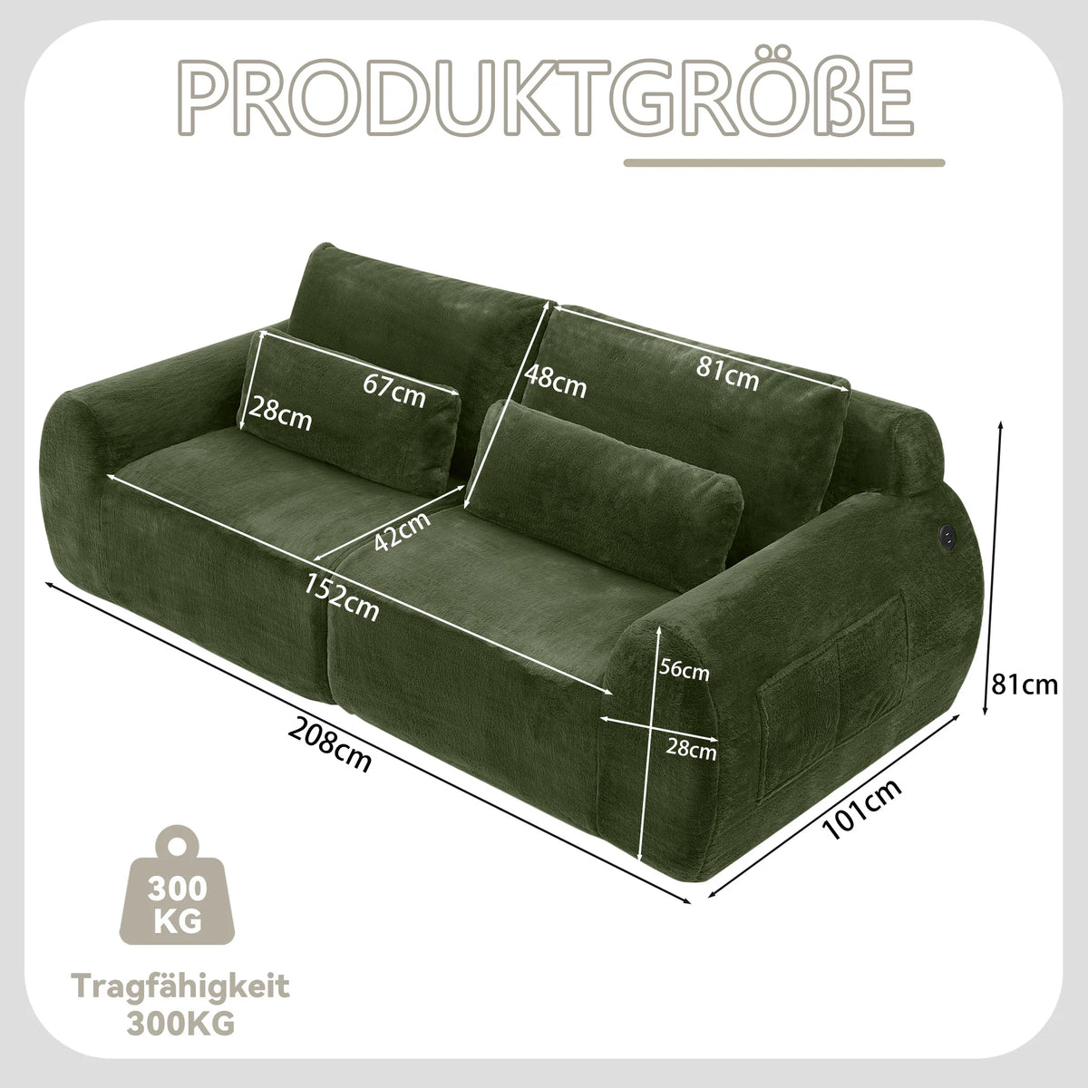 Canapé 2 places en tissu effet fourrure de lapin, vert, avec dossier haut, assise rembourrée à ressorts et poche latérale pour magazines. Son design compact est idéal pour un petit salon, un appartement, un bureau ou une chambre.