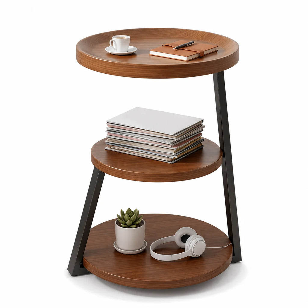 Table d'appoint ronde à 3 niveaux effet bois marron, petite table de chevet avec rangement, structure en métal thermolaqué, plateau étanche, table de bout de canapé gain de place pour salon, chambre, balcon et extérieur