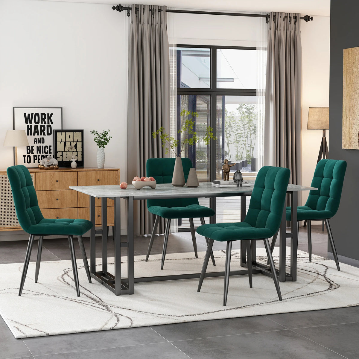 Set of 4 dining chairs with velvet upholstery and metal legs, with backrest and decorative stitching, modern chair set, ergonomic design, for dining area, bedroom or reception room, green