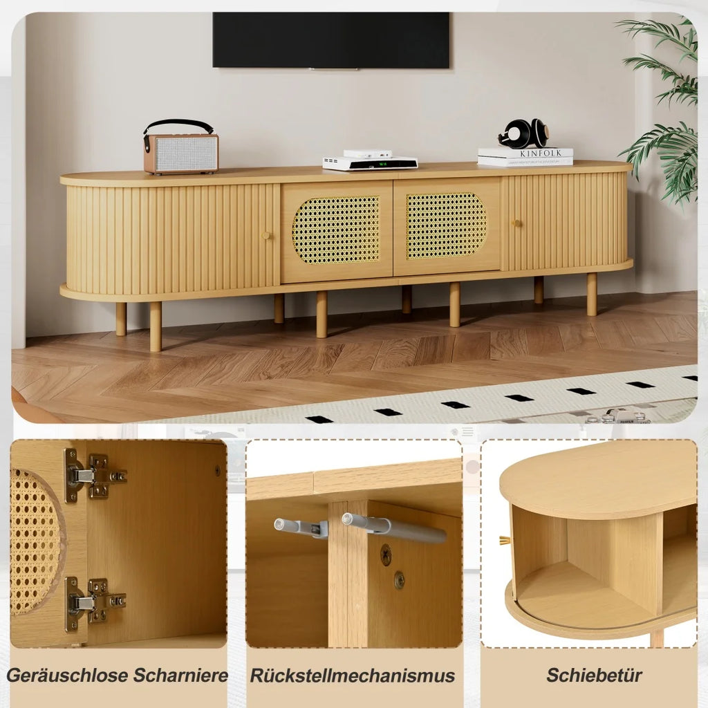 Meuble TV ovale 180x40x40 cm couleur bois clair avec design en rotin, deux portes de placard, deux portes coulissantes, meuble télé bas de salon en MDF, adapté aux téléviseurs jusqu'à 75 pouces