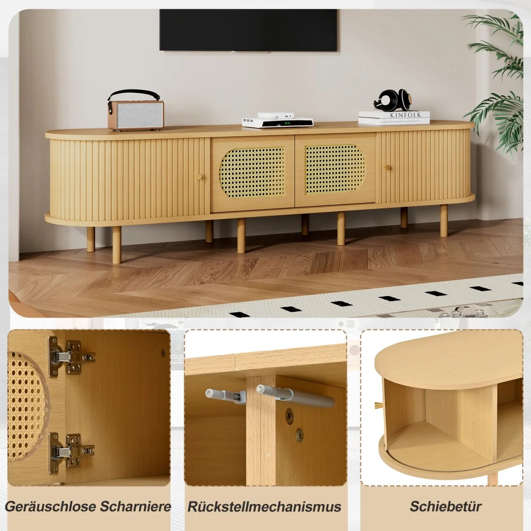 Meuble TV ovale 180x40x40 cm couleur bois clair avec design en rotin, deux portes de placard, deux portes coulissantes, meuble télé bas de salon en MDF, adapté aux téléviseurs jusqu'à 75 pouces
