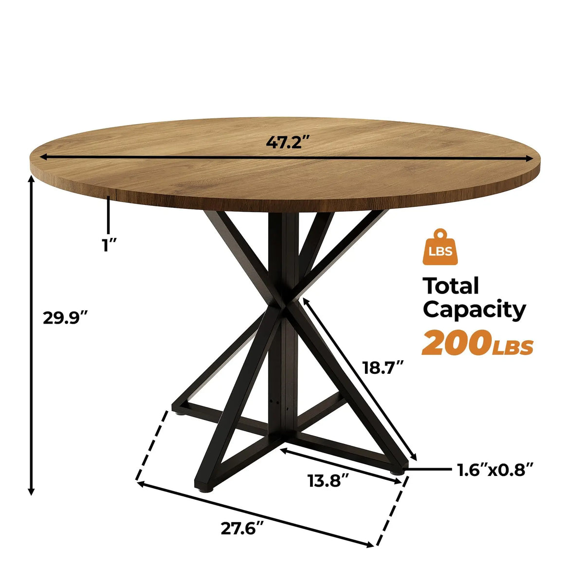 Table à manger ronde 120 cm pour 4 à 6 personnes, table de cuisine style champêtre / rustic avec piètement central, en bois