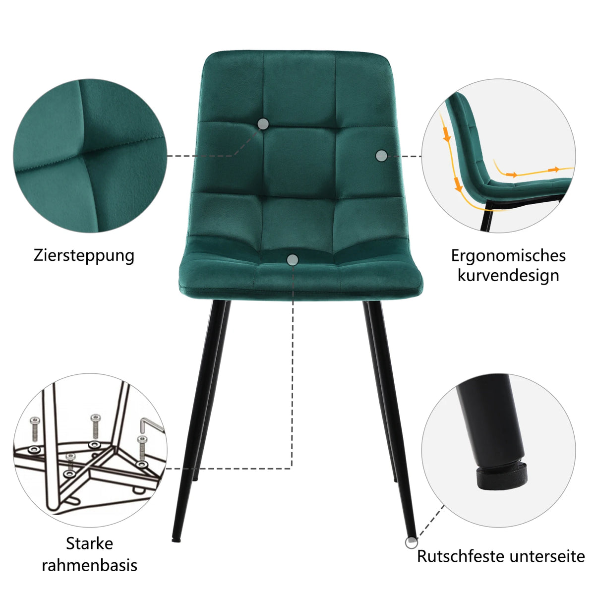 Set of 4 dining chairs with velvet upholstery and metal legs, with backrest and decorative stitching, modern chair set, ergonomic design, for dining area, bedroom or reception room, green