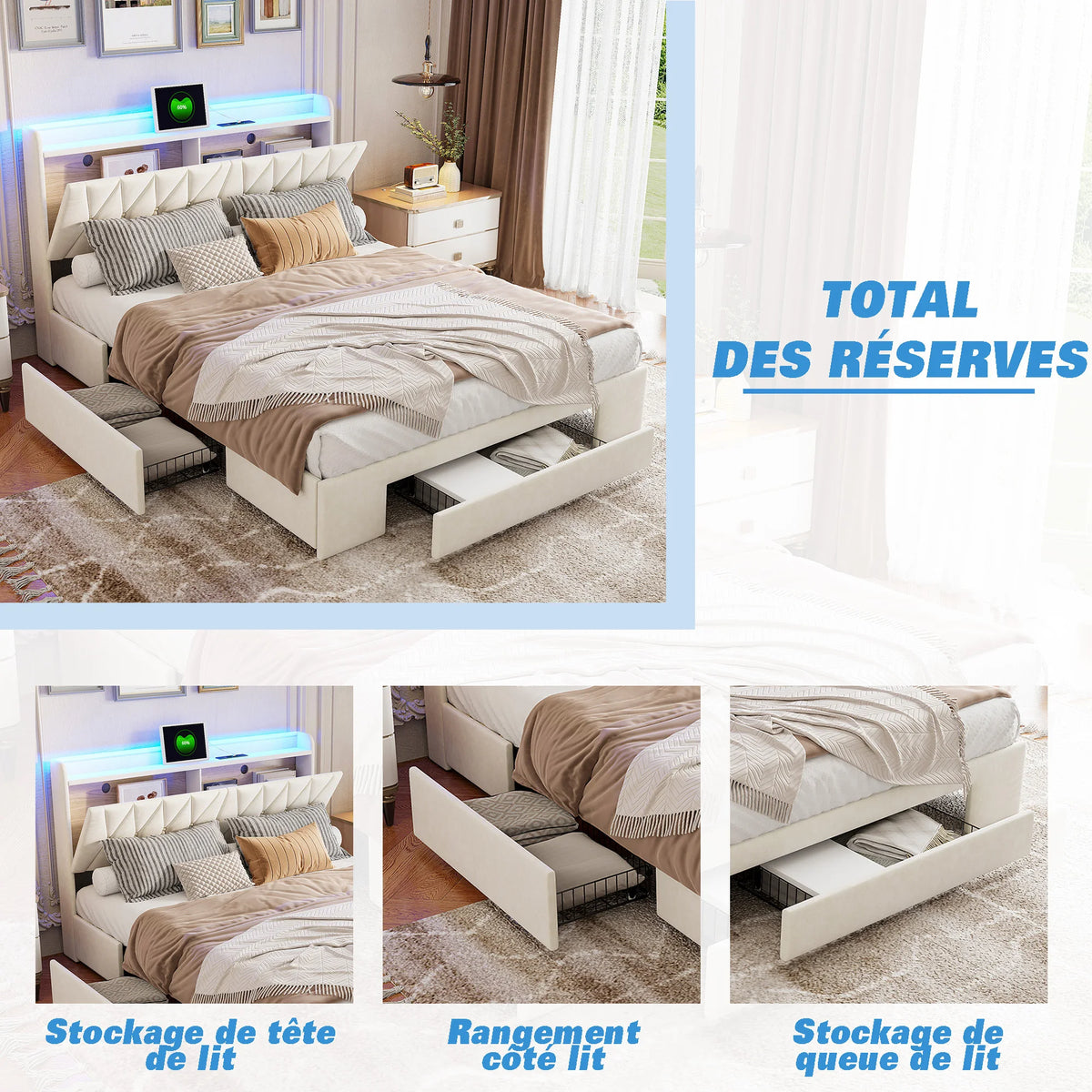 Lit 160x200 cm, lit double avec 3 tiroirs et rangement sous la tête de lit, lit coffre en velours beige avec sommier à lattes, lit pour adolescent, lit fonctionnel, cadre de lit pour chambre et chambre d'amis, lit confort pour adultes et adolescents