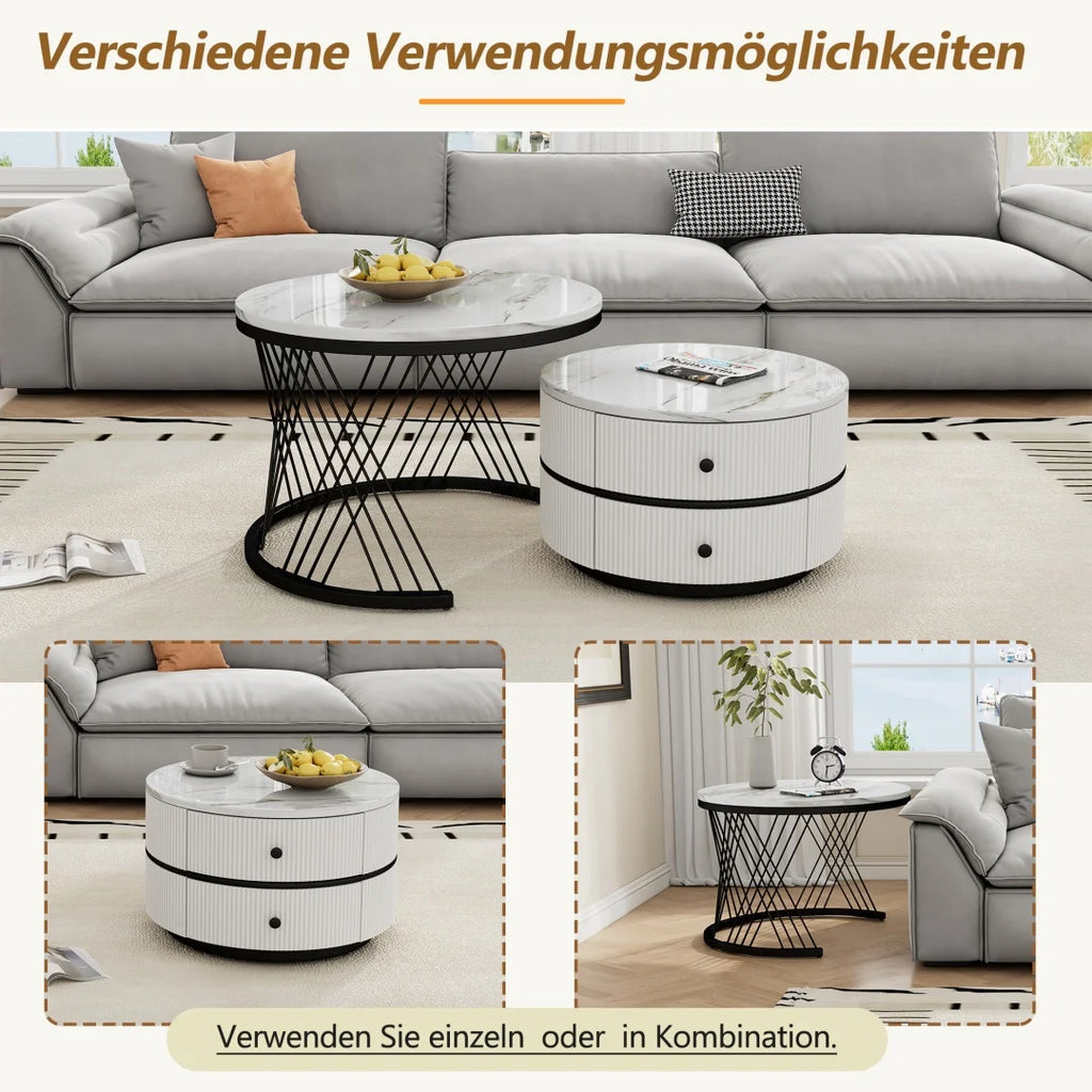 Lot de 2 tables basses gigognes blanches, 60x60x46 cm et 50x50x31 cm, tables rondes avec effet marbre haute brillance, 2 tiroirs, capacité jusqu'à 30 kg, ensemble de tables basses combinées gigognes