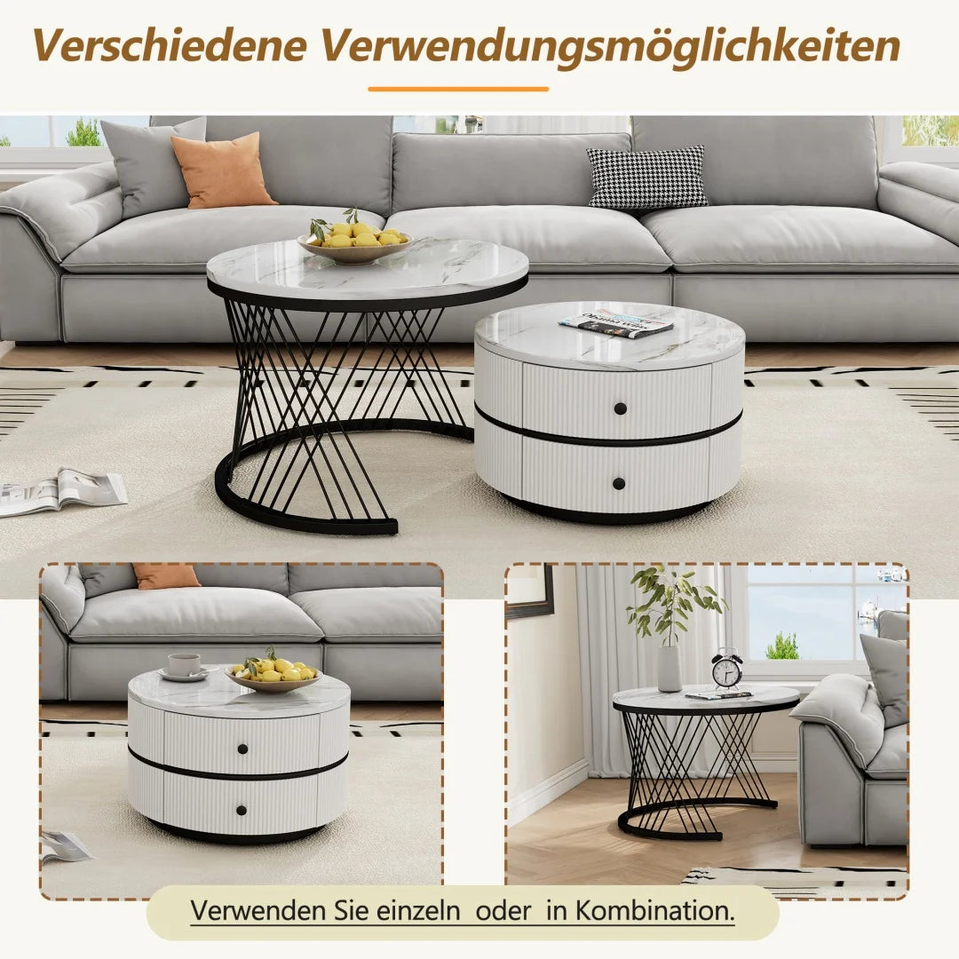 Lot de 2 tables basses gigognes blanches, 60x60x46 cm et 50x50x31 cm, tables rondes avec effet marbre haute brillance, 2 tiroirs, capacité jusqu'à 30 kg, ensemble de tables basses combinées gigognes
