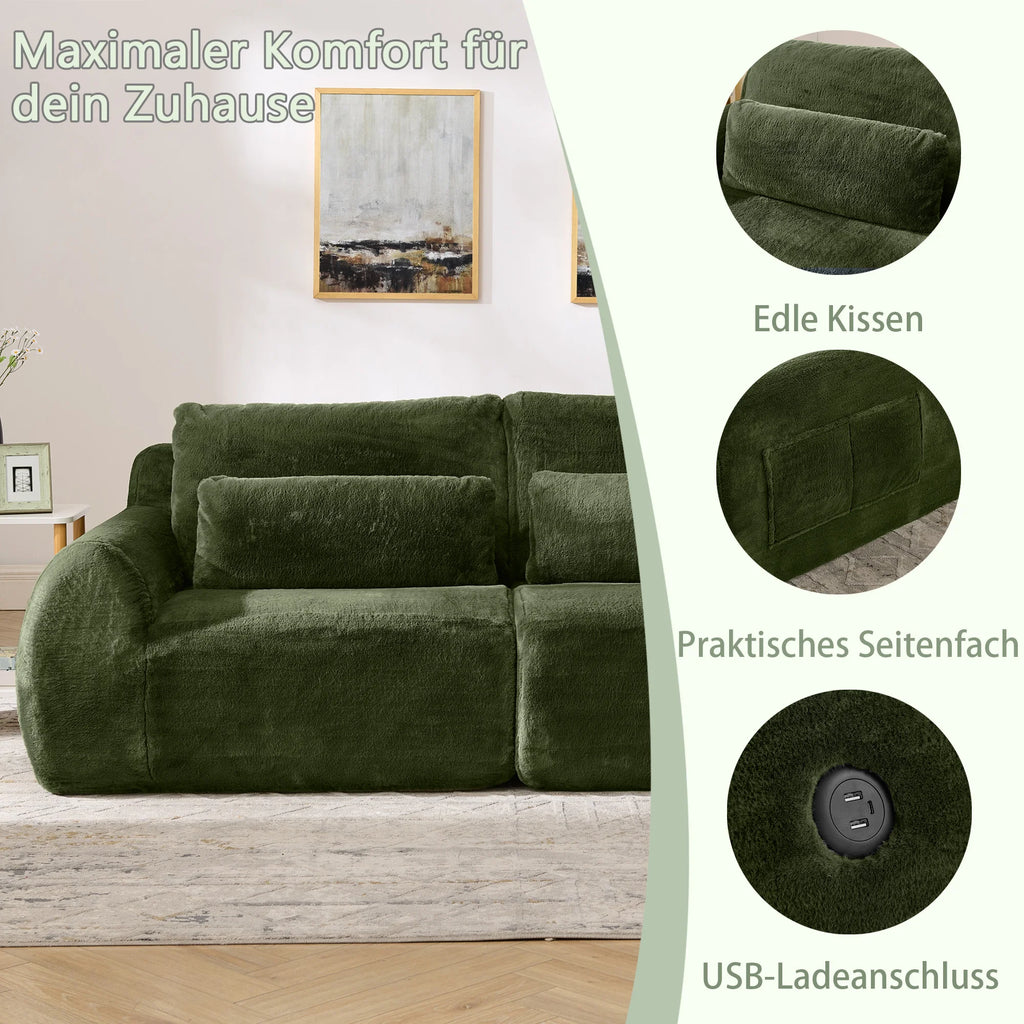 Canapé 2 places en tissu effet fourrure de lapin, vert, avec dossier haut, assise rembourrée à ressorts et poche latérale pour magazines. Son design compact est idéal pour un petit salon, un appartement, un bureau ou une chambre.