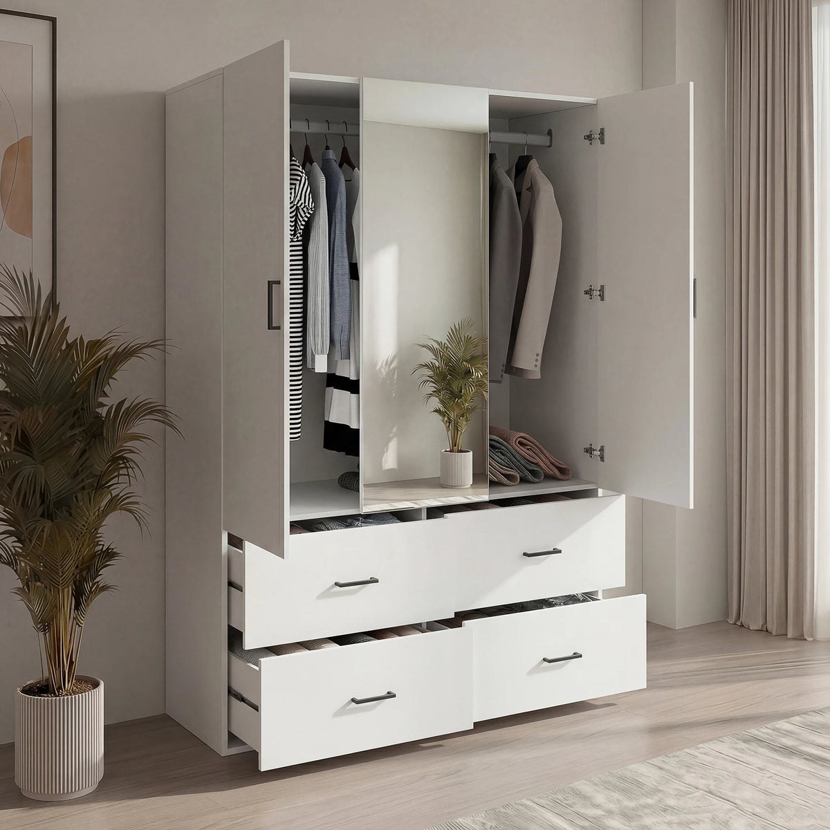 Armoire de chambre blanche moderne avec miroir et 4 tiroirs - Grand meuble de rangement et penderie pour chambre et dressing