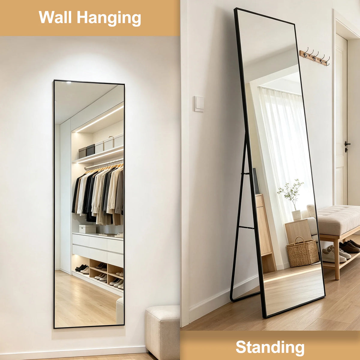 Simurq Dressing Mirror 140x40cm, Rectangle Floor Mirror, Aluminum Alloy Frame Tempered Glass Full-length Mirror, Wall Hanging / Standing