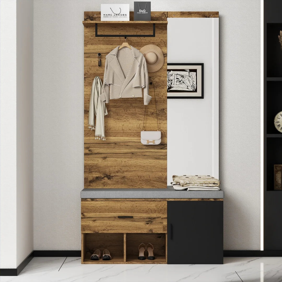 Meuble d'entrée avec miroir, banc à chaussures (104 x 39 cm) avec rembourrage, meuble à chaussures, tiroir, étagère, crochets portemanteaux – Design pratique pour l'entrée