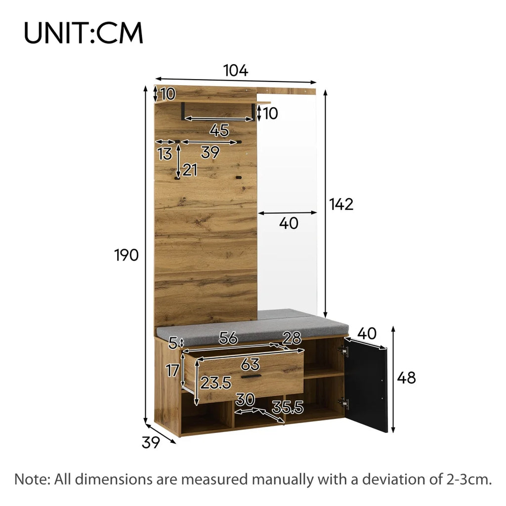 Meuble d'entrée avec miroir, banc à chaussures (104 x 39 cm) avec rembourrage, meuble à chaussures, tiroir, étagère, crochets portemanteaux – Design pratique pour l'entrée