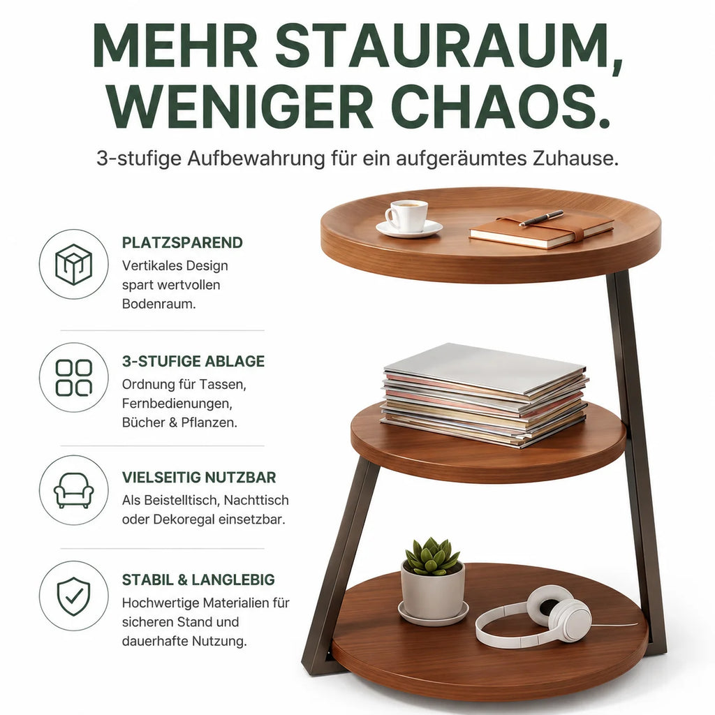 Table d'appoint ronde à 3 niveaux effet bois marron, petite table de chevet avec rangement, structure en métal thermolaqué, plateau étanche, table de bout de canapé gain de place pour salon, chambre, balcon et extérieur