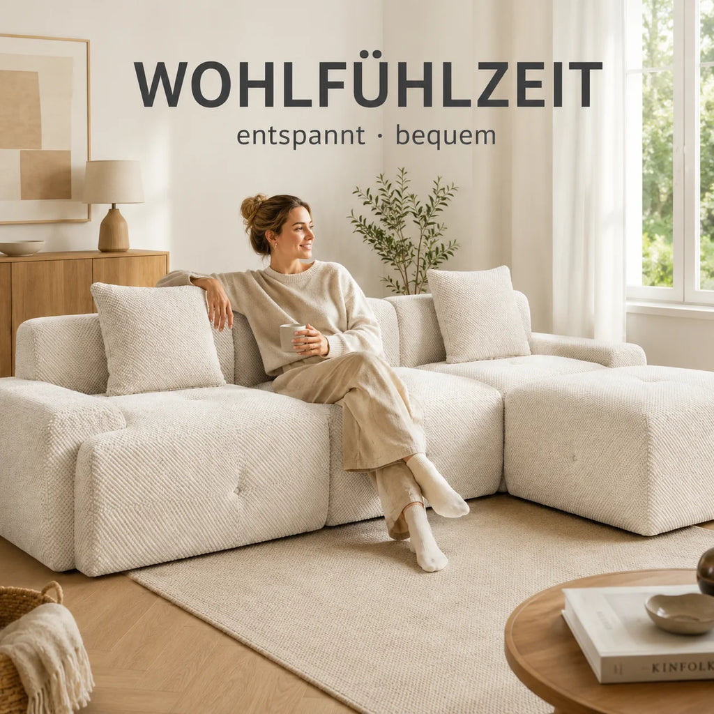 Canapé modulable 3 places en chenille beige avec mousse haute élasticité 30D et compression sous vide, sans montage avec sol antidérapant, polyvalent pour salon, chambre et bureau à domicile