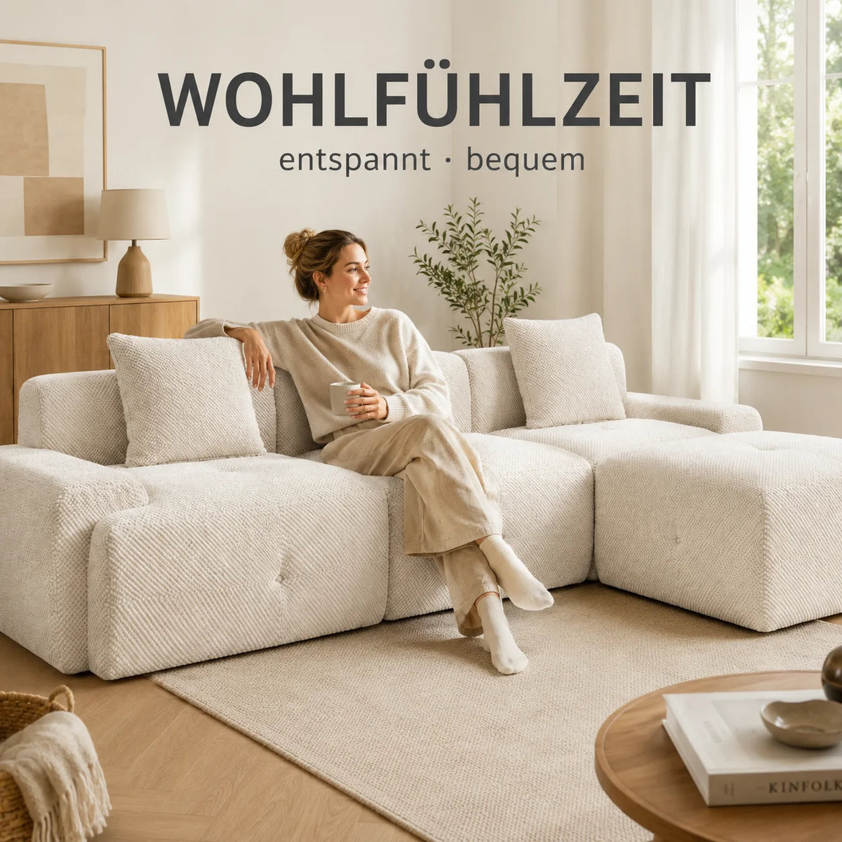 Canapé modulable 3 places en chenille beige avec mousse haute élasticité 30D et compression sous vide, sans montage avec sol antidérapant, polyvalent pour salon, chambre et bureau à domicile