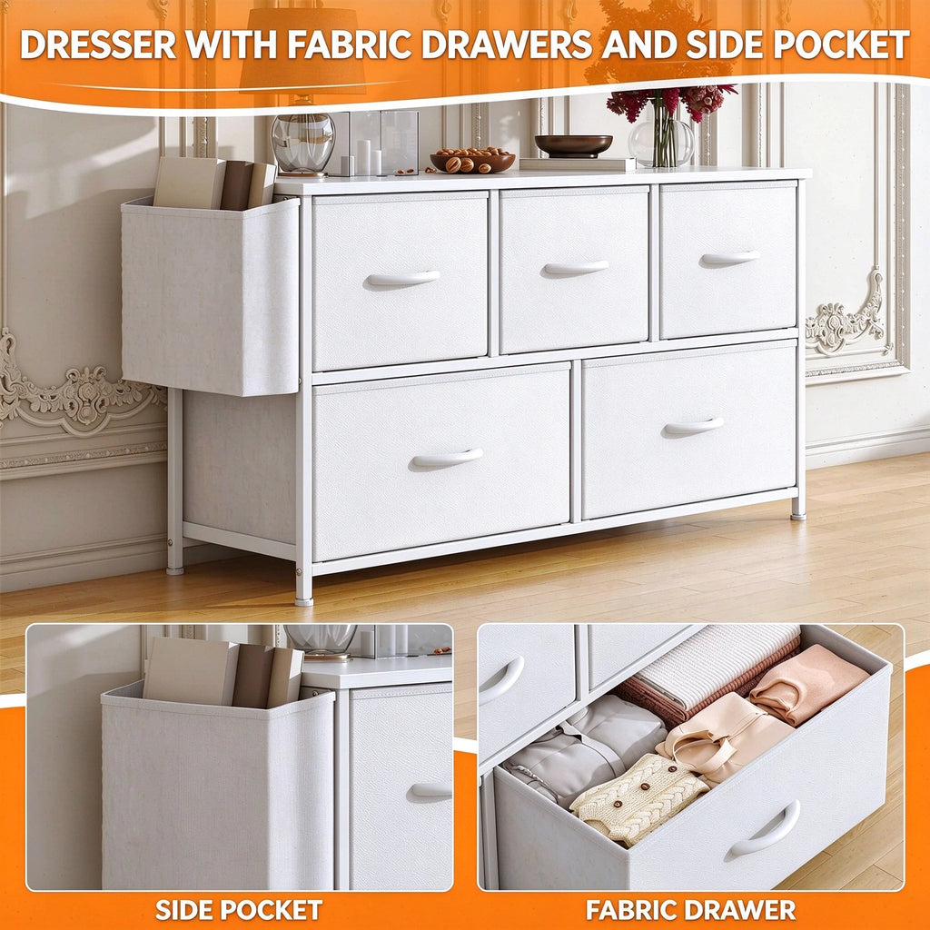 Commode blanche avec 5 tiroirs en tissu - Meuble de rangement avec poche latérale, cadre en acier et plateau en MDF, table de chevet pour chambre et salon