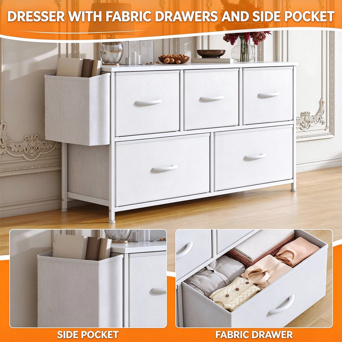 Commode blanche avec 5 tiroirs en tissu - Meuble de rangement avec poche latérale, cadre en acier et plateau en MDF, table de chevet pour chambre et salon