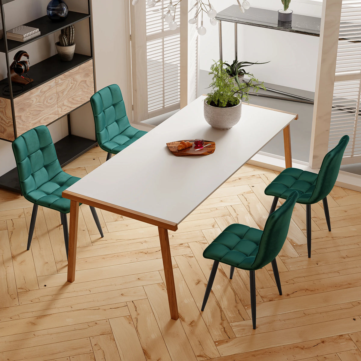 Set of 4 dining chairs with velvet upholstery and metal legs, with backrest and decorative stitching, modern chair set, ergonomic design, for dining area, bedroom or reception room, green