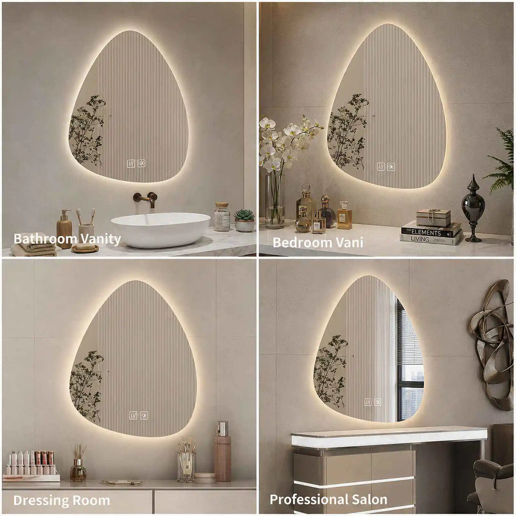 Miroir de salle de bain en forme de goutte sans cadre - Anti-buée, commande tactile et éclairage réglable à trois couleurs, idéal pour salle de bain, chambre et salons de beauté