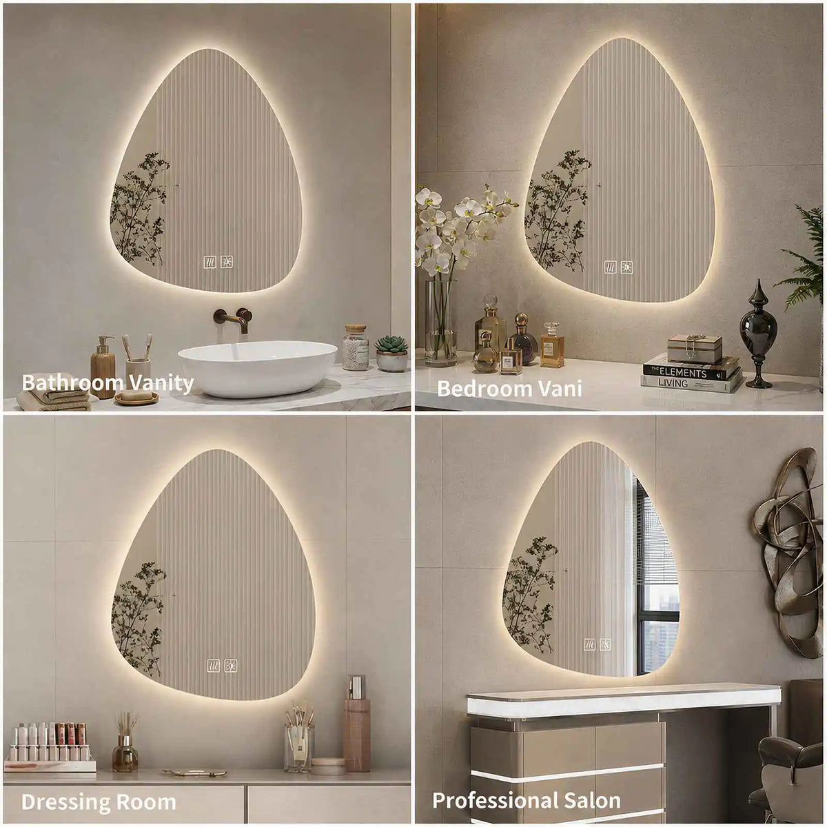 Miroir de salle de bain en forme de goutte sans cadre - Anti-buée, commande tactile et éclairage réglable à trois couleurs, idéal pour salle de bain, chambre et salons de beauté