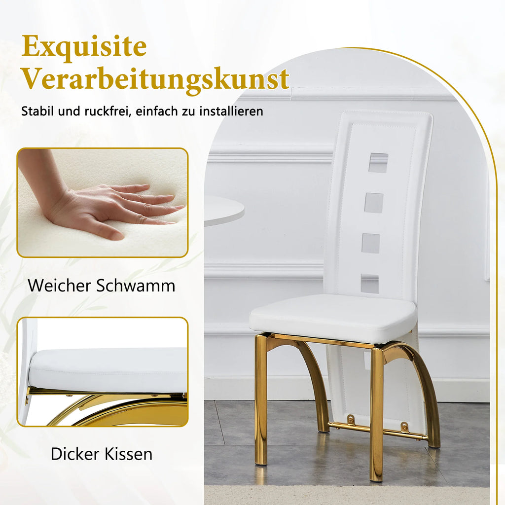 [Lot de 2] Chaises de salle à manger au design européen avec dossier ajouré, cuir synthétique (PU) blanc mat et pieds en métal doré brillant, hauteur 102,5 cm, pour salle à manger ou salon moderne