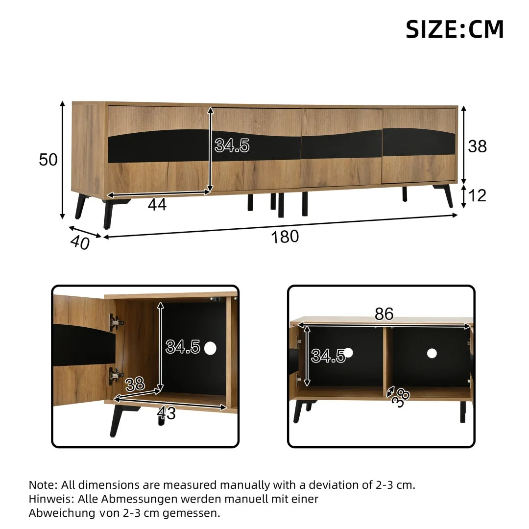 Meuble TV 80x40x50 cm, meuble télé bicolore effet bois et noir, meuble TV avec 4 compartiments, meuble de salon avec 8 pieds de support, capacité de charge recommandée 30 kg, design symétrique, meuble bas