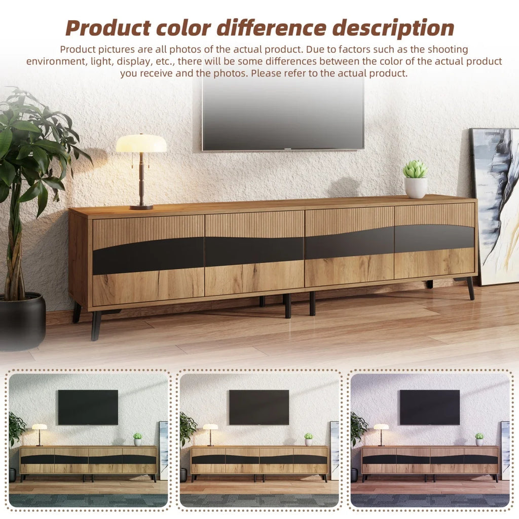 Meuble TV 80x40x50 cm, meuble télé bicolore effet bois et noir, meuble TV avec 4 compartiments, meuble de salon avec 8 pieds de support, capacité de charge recommandée 30 kg, design symétrique, meuble bas