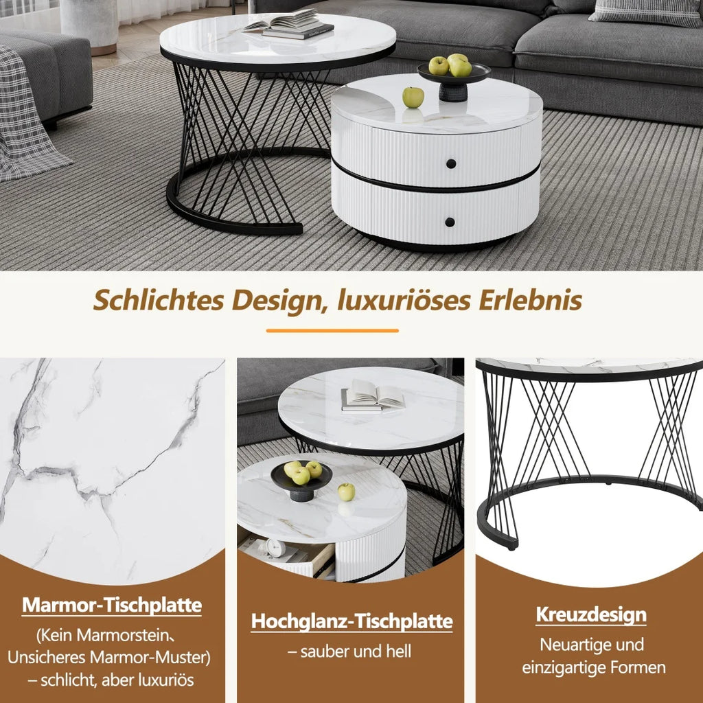 Lot de 2 tables basses gigognes blanches, 60x60x46 cm et 50x50x31 cm, tables rondes avec effet marbre haute brillance, 2 tiroirs, capacité jusqu'à 30 kg, ensemble de tables basses combinées gigognes
