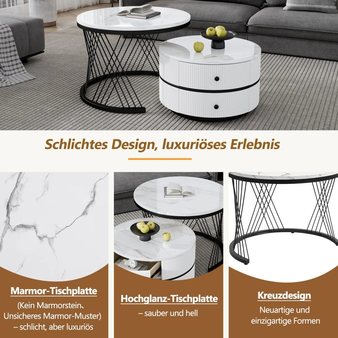 Lot de 2 tables basses gigognes blanches, 60x60x46 cm et 50x50x31 cm, tables rondes avec effet marbre haute brillance, 2 tiroirs, capacité jusqu'à 30 kg, ensemble de tables basses combinées gigognes
