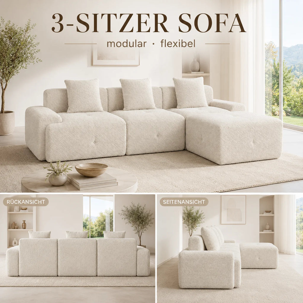 Canapé modulable 3 places en chenille beige avec mousse haute élasticité 30D et compression sous vide, sans montage avec sol antidérapant, polyvalent pour salon, chambre et bureau à domicile