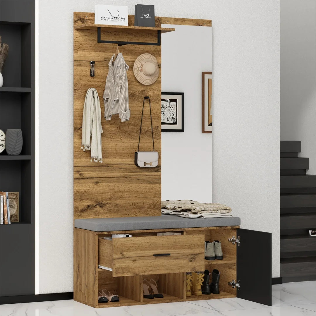 Meuble d'entrée avec miroir, banc à chaussures (104 x 39 cm) avec rembourrage, meuble à chaussures, tiroir, étagère, crochets portemanteaux – Design pratique pour l'entrée