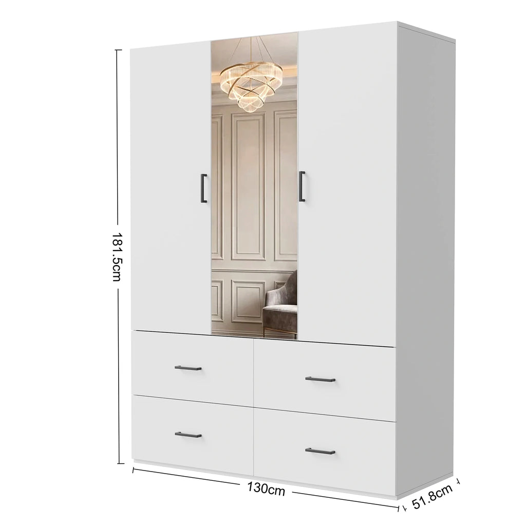 Armoire de chambre blanche moderne avec miroir et 4 tiroirs - Grand meuble de rangement et penderie pour chambre et dressing