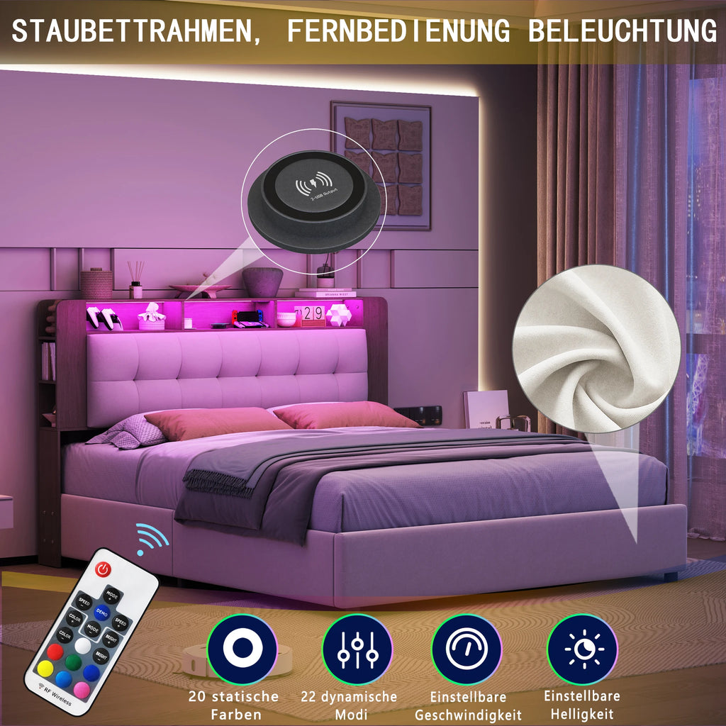 Lit rembourré Simurq avec espace de rangement 140 x 200 cm, lit double avec coffre de rangement hydraulique, lit pour adolescent avec sommier à lattes et coffre de lit, en velours, sans matelas, blanc cassé
