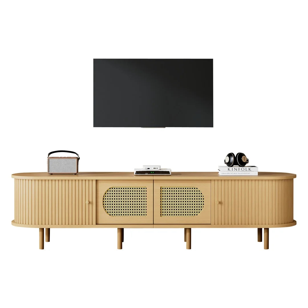 Meuble TV ovale 180x40x40 cm couleur bois clair avec design en rotin, deux portes de placard, deux portes coulissantes, meuble télé bas de salon en MDF, adapté aux téléviseurs jusqu'à 75 pouces