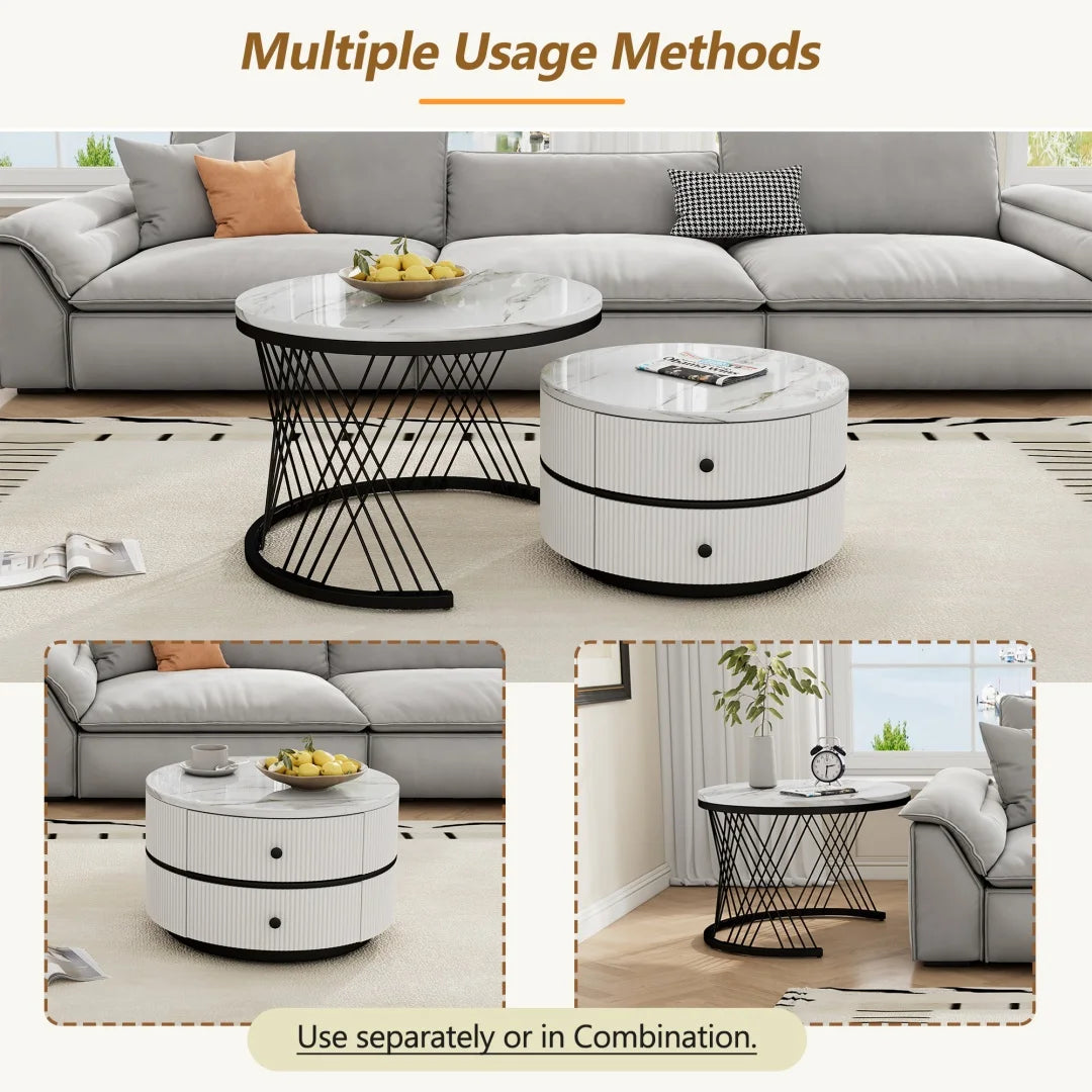 Lot de 2 tables basses gigognes blanches, 60x60x46 cm et 50x50x31 cm, tables rondes avec effet marbre haute brillance, 2 tiroirs, capacité jusqu'à 30 kg, ensemble de tables basses combinées gigognes